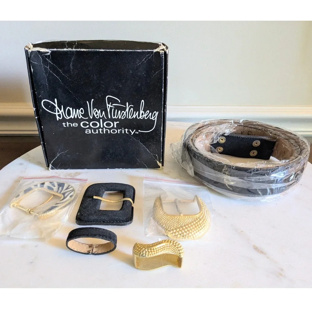 Vtg Diane Von Furstenberg Convertible Belt Lg‎ 3 Buckle Set Black Gold Avon NIB